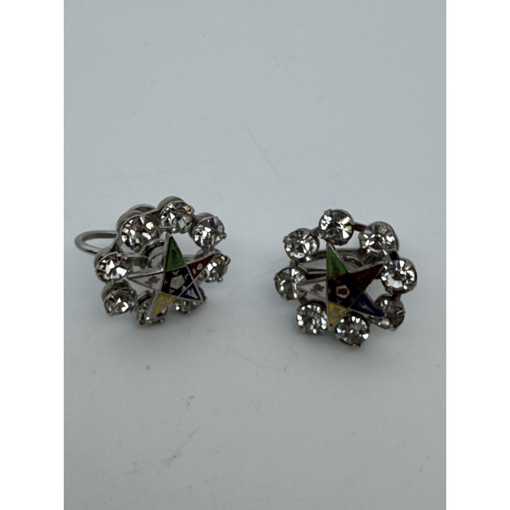 Vintage Masonic Eastern Star Rhinestone Enamel Clip On Earrings, Estate